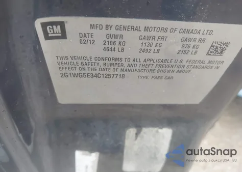 2012 Chevrolet Impala Lt z USA, uszkodzony, nr VIN 2G1WG5E34C1257718